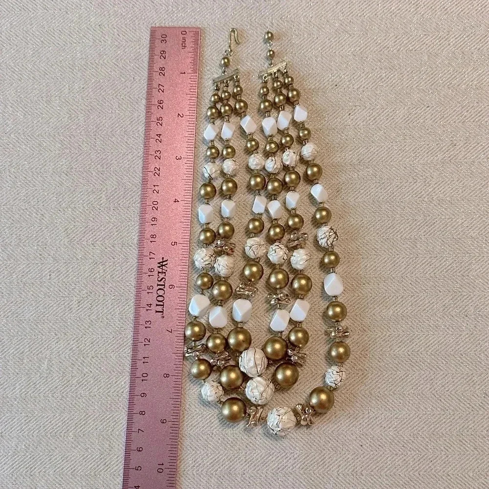 Vintage Signed Japan Gold & White Beaded Statement Necklace Multi-Strand Layered - Picture 7 of 11